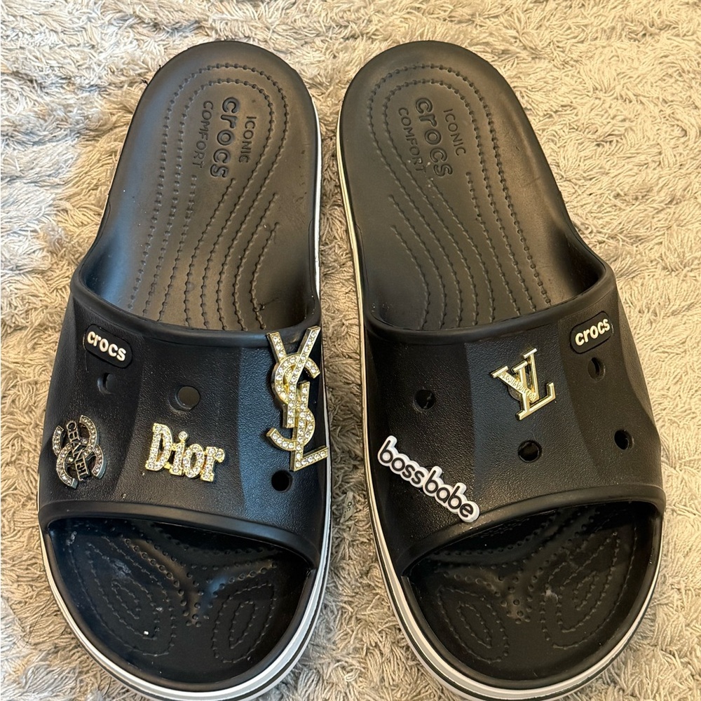 Black Womens Croc Slides with Decorative Charms